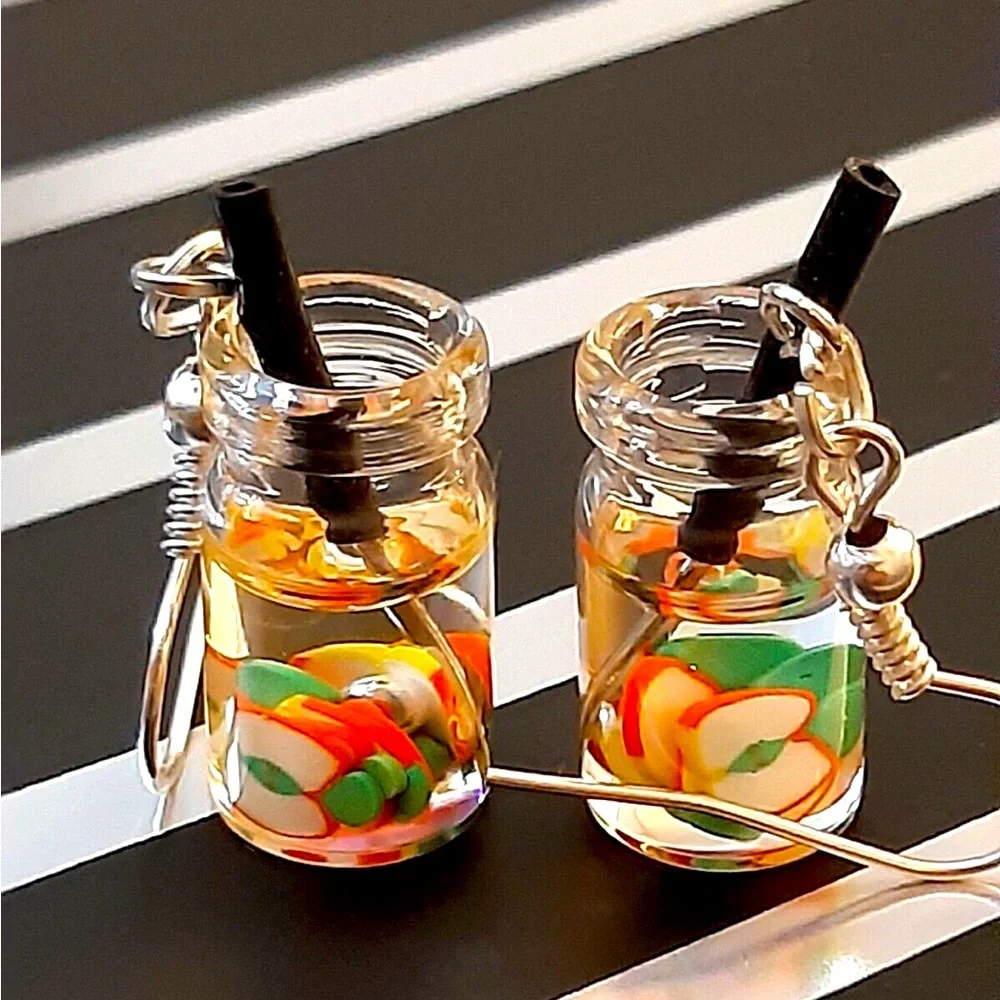 New Handmade Summer Fruity Apple Slice Glass S925 Sterling Silver Earrings